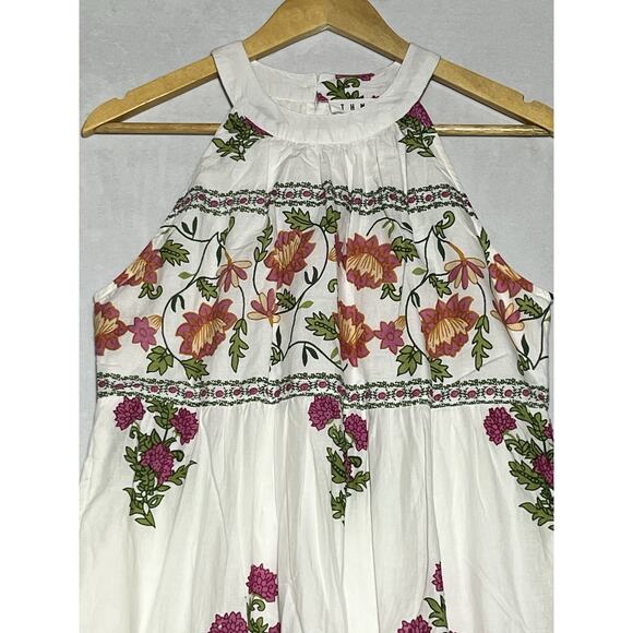 THML Midi Halter Sundress XS White Pink Floral A Line Tiered Voile Cotton Dress - Picture 4 of 14